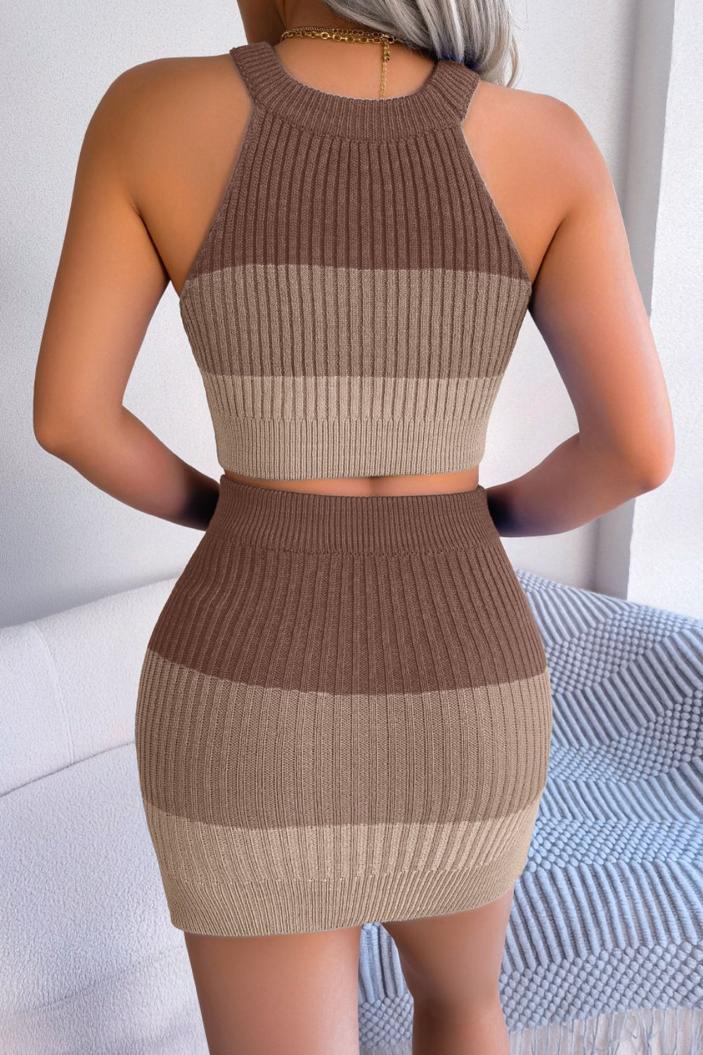 Color Block Sleeveless Crop Knit Top and Skirt Set - Fashion Finder Hub