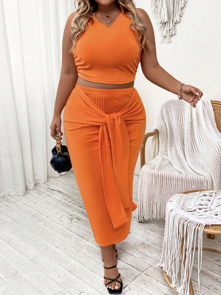 Plus Solid Tank Top & Tie Front Skirt