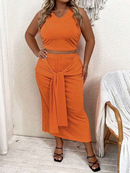Plus Solid Tank Top & Tie Front Skirt