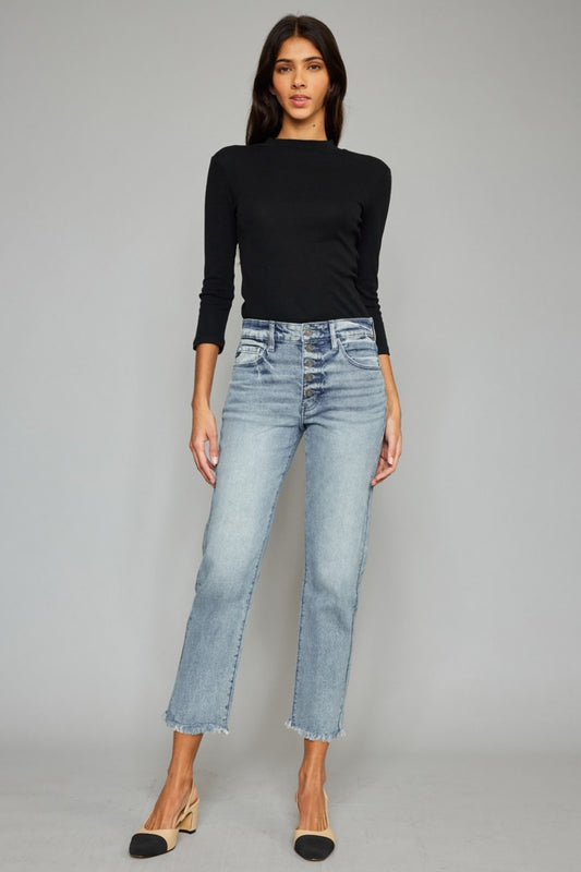 Kancan High Waist Button Fly Raw Hem Cropped Straight Jeans - Fashion Finder Hub