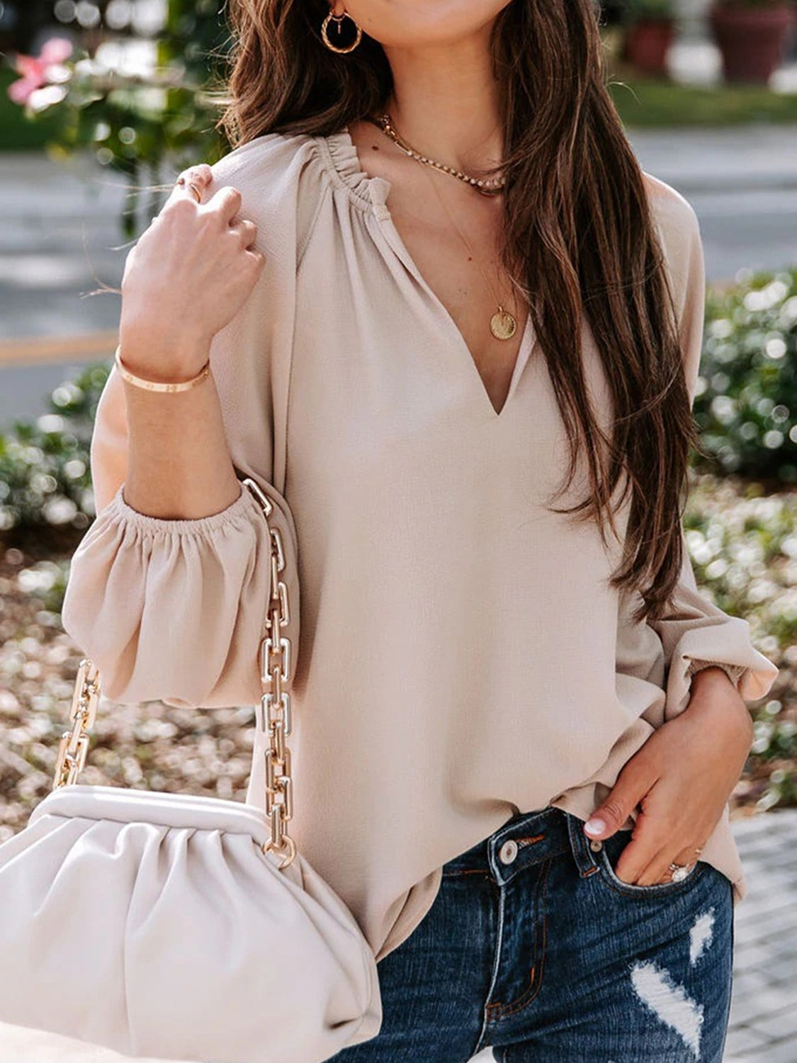 Ruched Notched Balloon Sleeve Blouse - Fashion Finder Hub