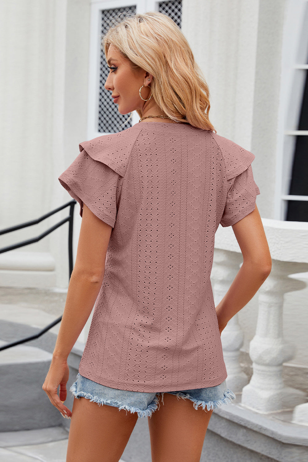 Eyelet Notched Short Sleeve T-Shirt - Fashion Finder Hub