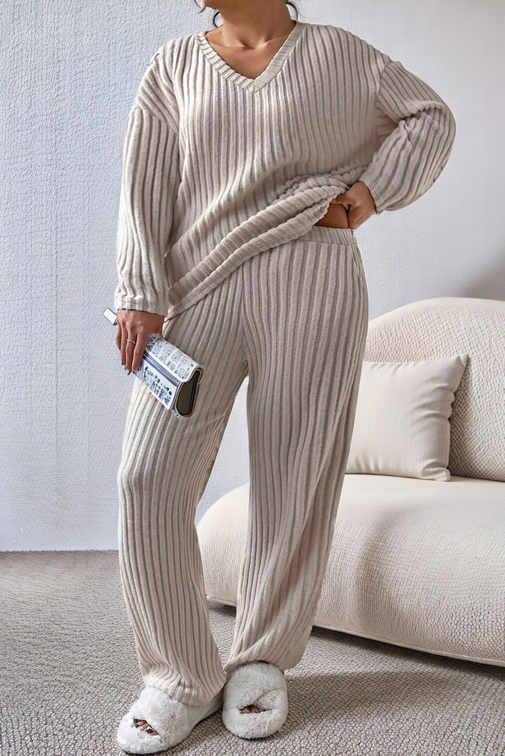 Plus Size Ribbed V-Neck Drop Shoulder Top and Pants Set - Fashion Finder Hub