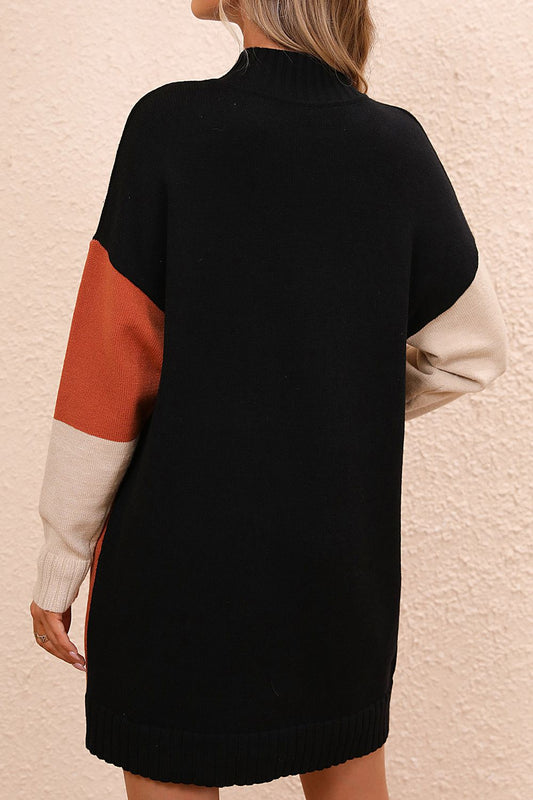 Color Block Mock Neck Dropped Shoulder Sweater Dress - Fashion Finder Hub