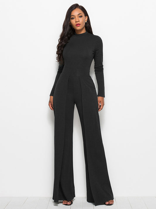 Long Sleeve Mock Neck Wide Leg Jumpsuit - Fashion Finder Hub