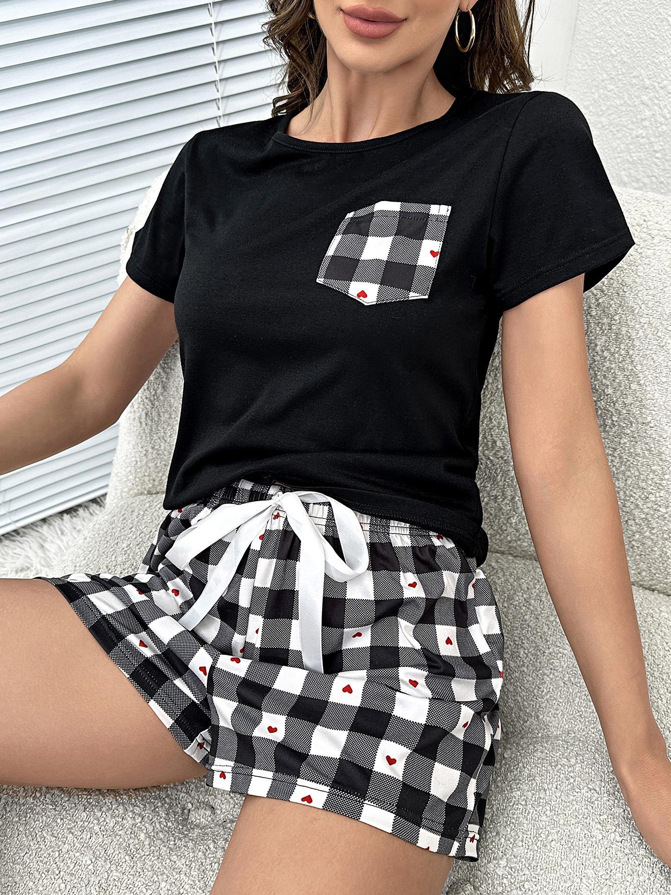 Plaid Heart Top and Shorts Lounge Set - Fashion Finder Hub