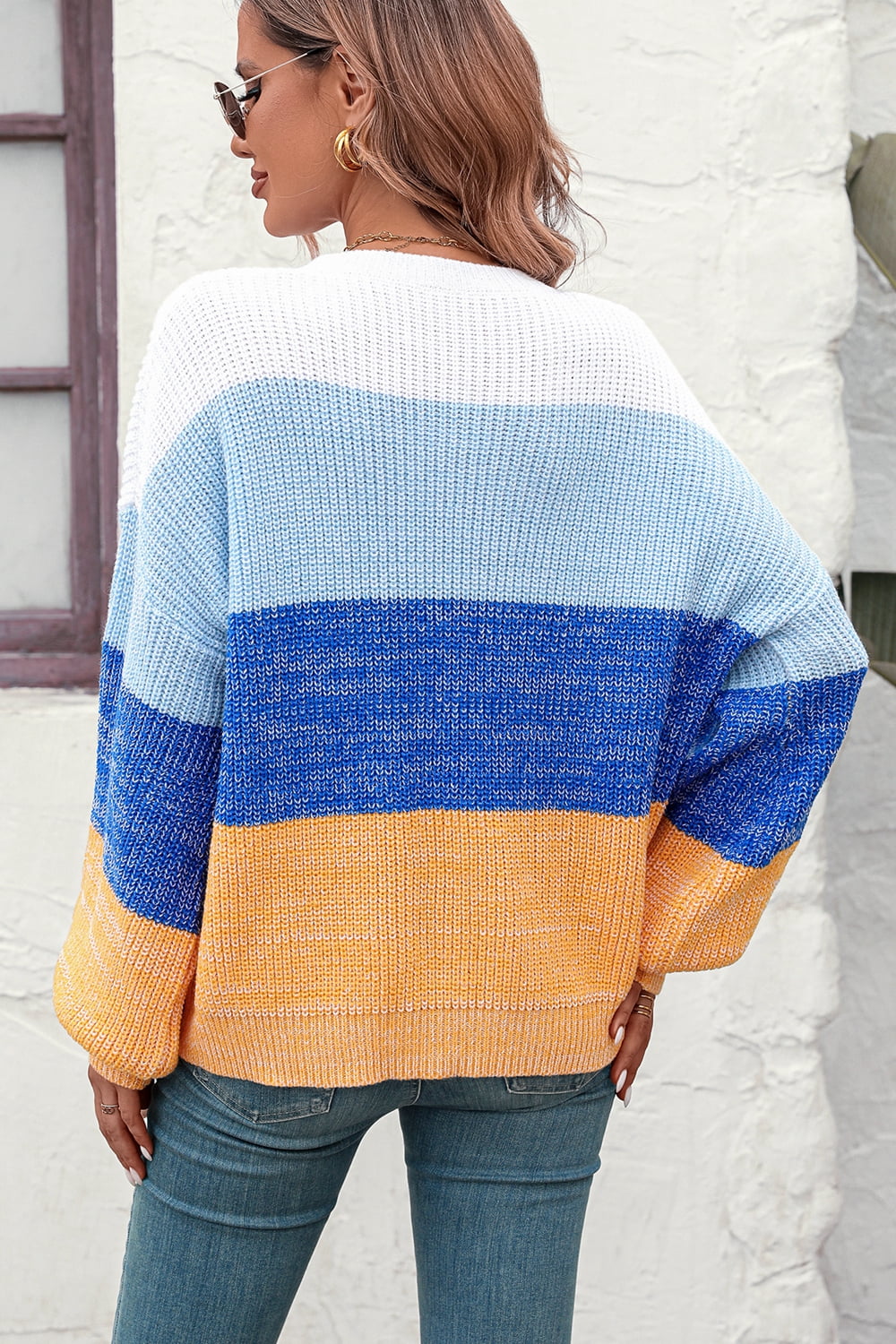Round Neck Color Block Ribbed Pullover Sweater - Fashion Finder Hub