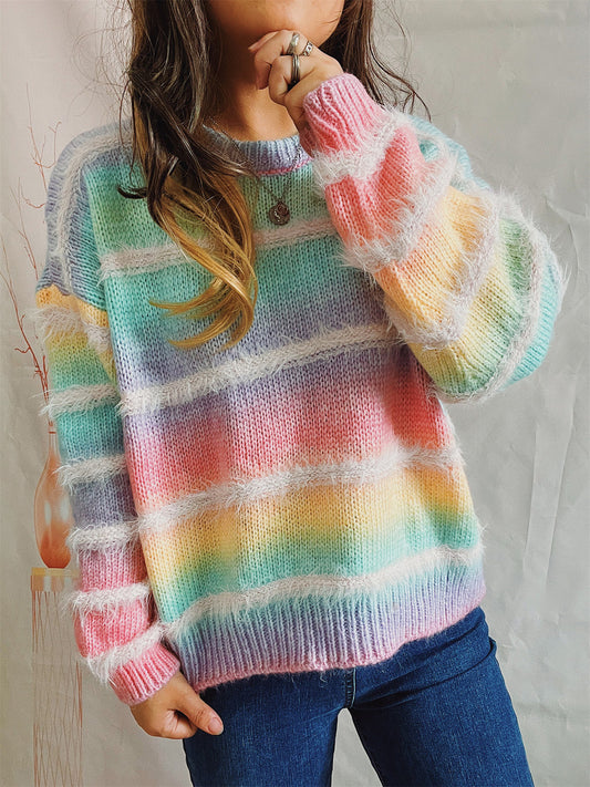 Striped Round Neck Long Sleeve Sweater - Fashion Finder Hub