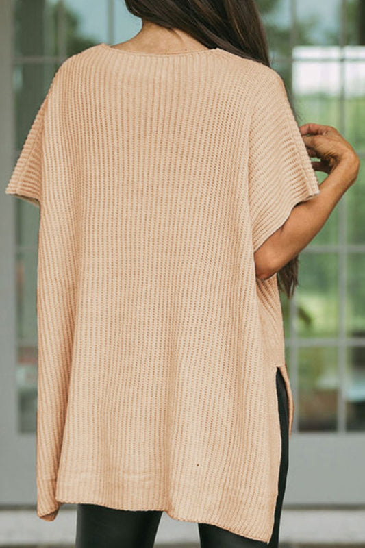 Waffle-Knit Slit Short Sleeve Sweater - Fashion Finder Hub