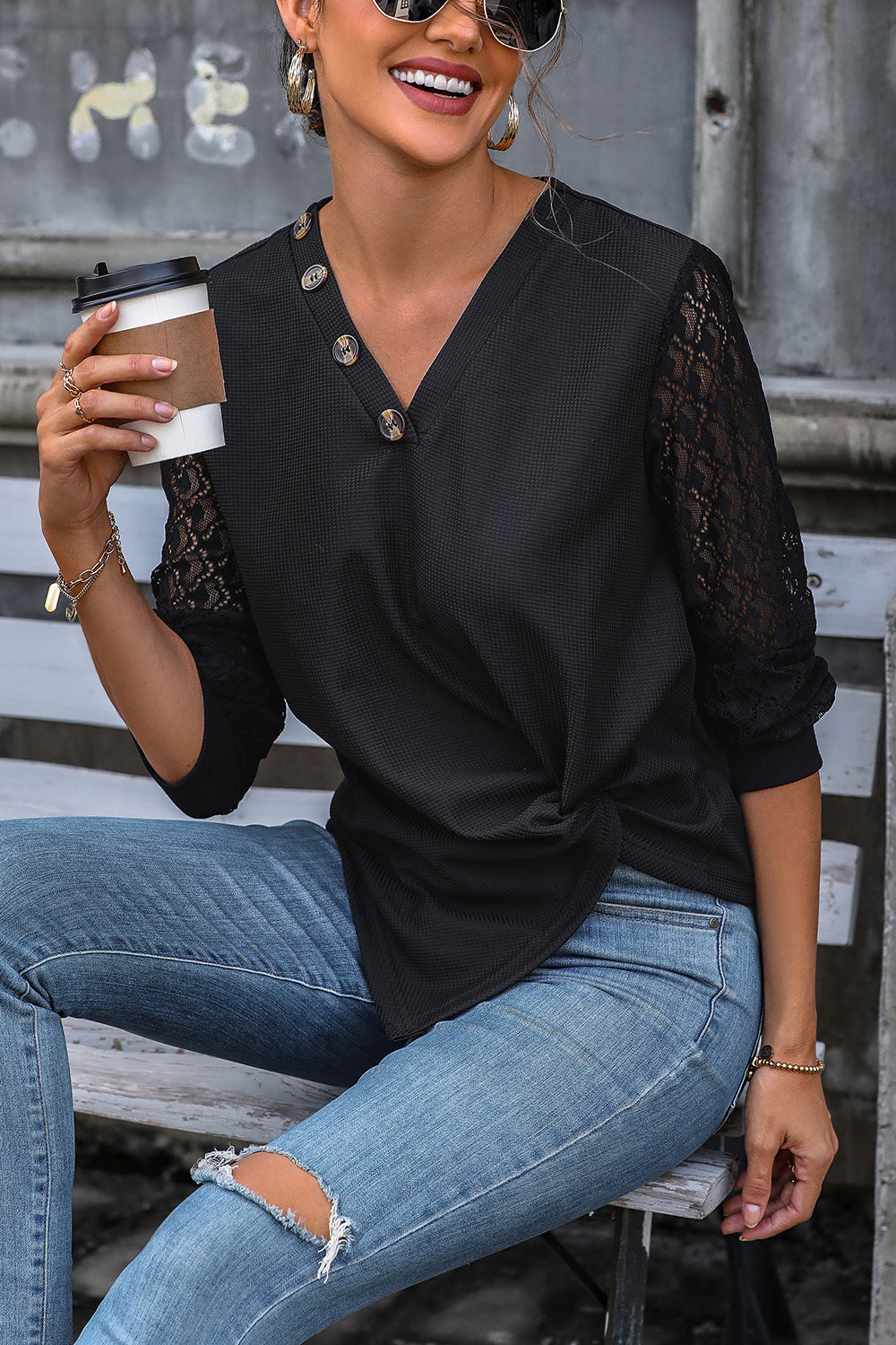 Twisted Decorative Button Long Sleeve T-Shirt - Fashion Finder Hub