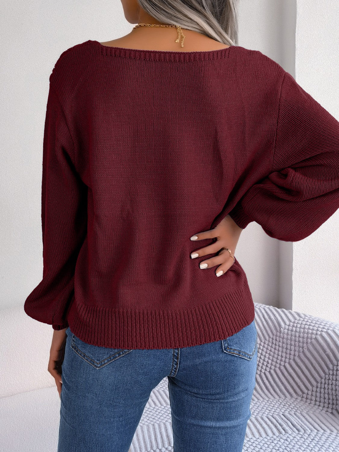 Cable-Knit Square Neck Long Sleeve Sweater - Fashion Finder Hub