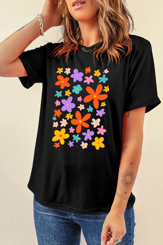 Flower Graphic Round Neck Short Sleeve T-Shirt - Fashion Finder Hub