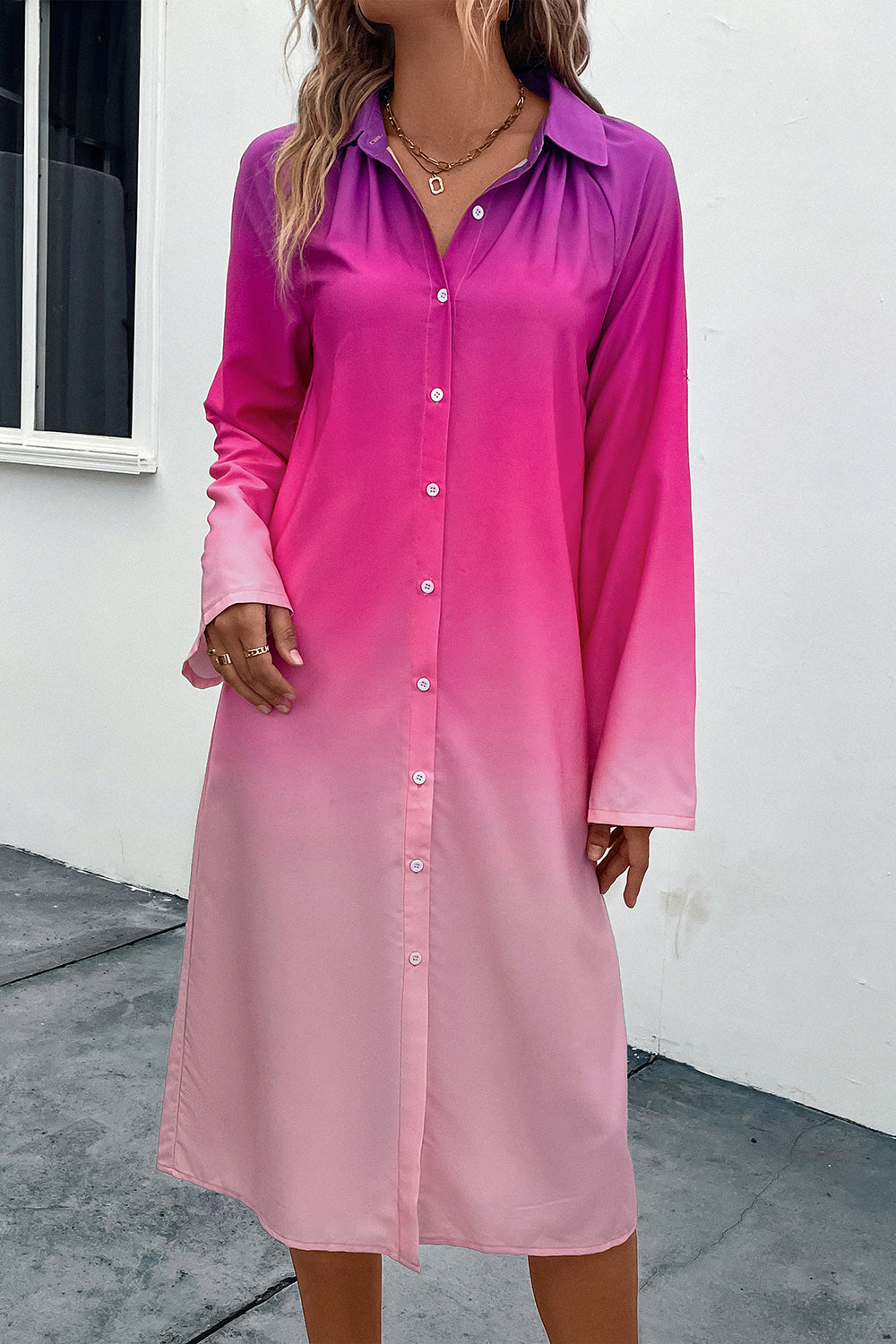 Gradient Long Sleeve Shirt Dress - Fashion Finder Hub
