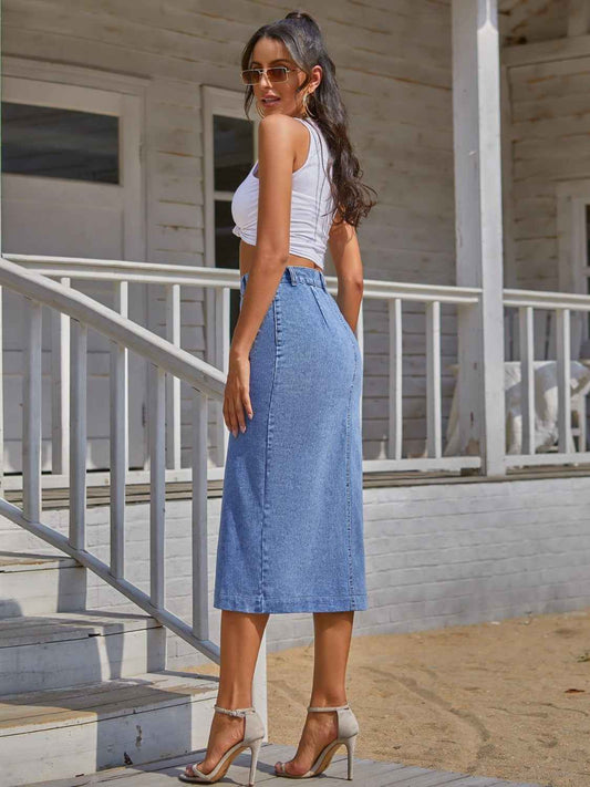 Button Down Denim Skirt - Fashion Finder Hub