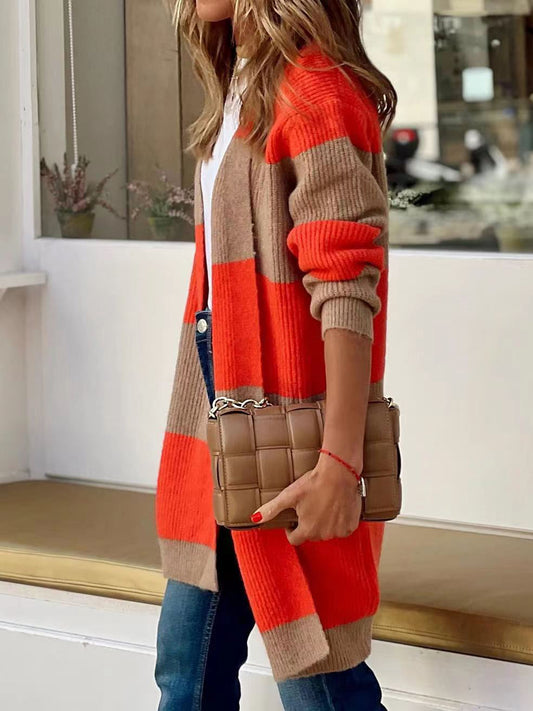 Contrast Open Front Long Sleeve Cardigan - Fashion Finder Hub