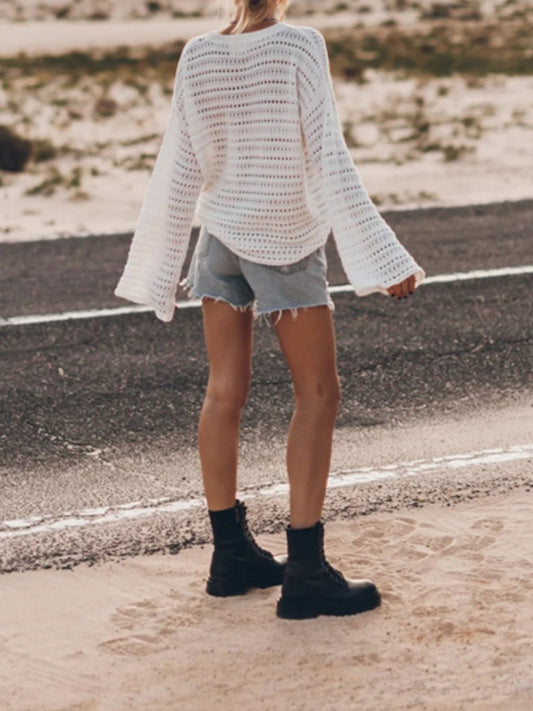 Openwork Round Neck Dropped Shoulder Knit Top - Fashion Finder Hub