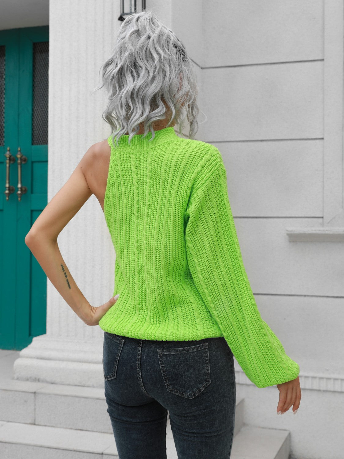 Cable-Knit Round Neck Asymmetrical Sweater - Fashion Finder Hub