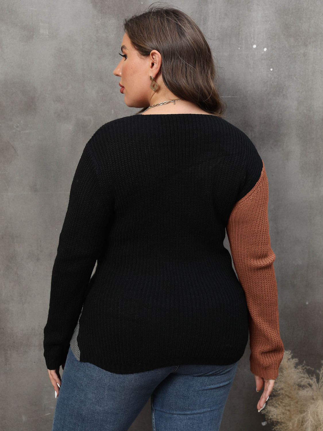 Plus Size Two-Tone Surplice Neck Sweater - Fashion Finder Hub