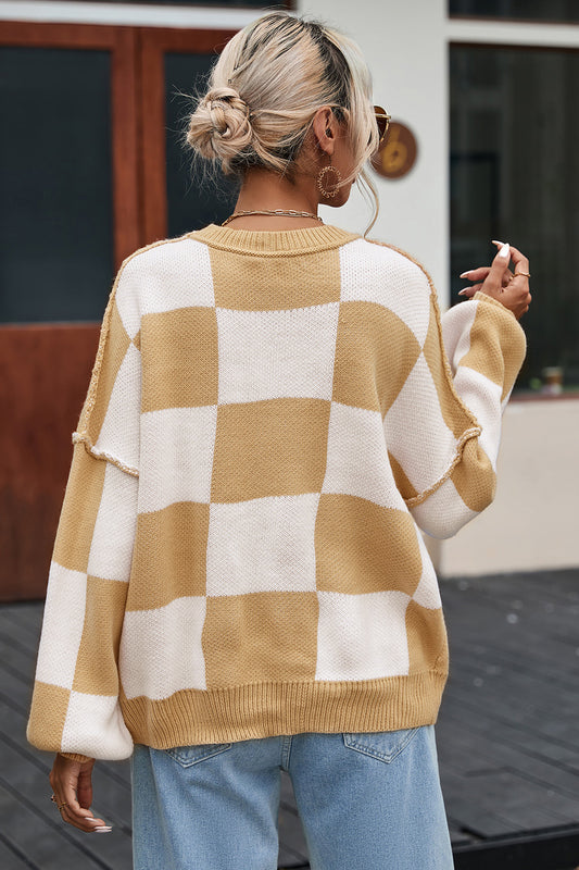 Checkered Exposed Seam Drooped Shoulder Sweater - Fashion Finder Hub