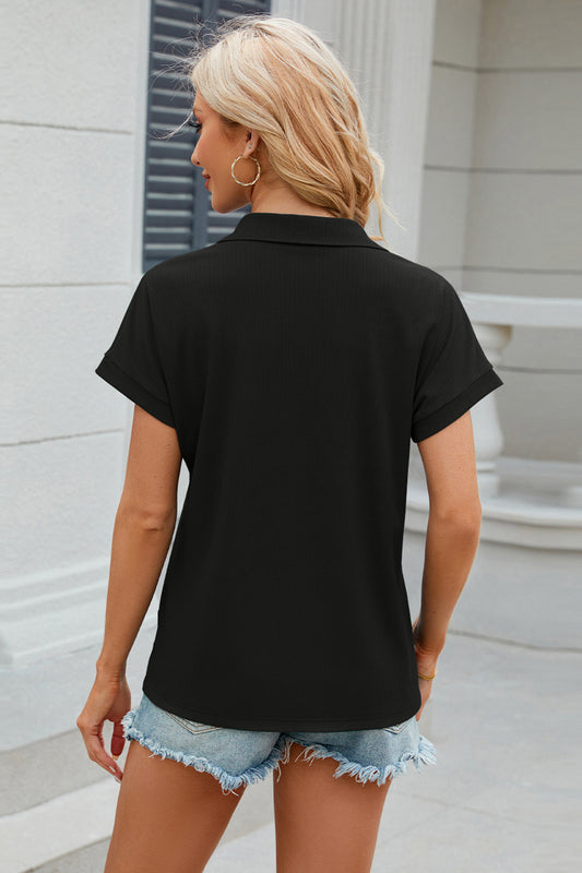 Johnny Collar Short Sleeve Blouse - Fashion Finder Hub
