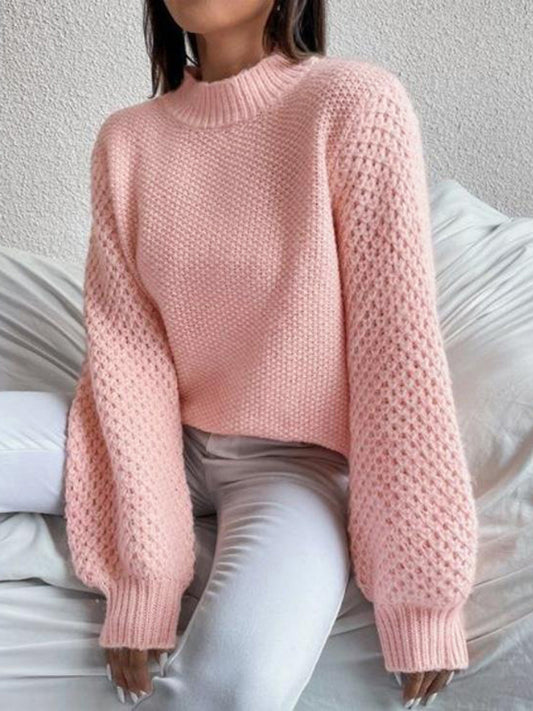 Openwork Mock Neck Long Sleeve Sweater - Fashion Finder Hub