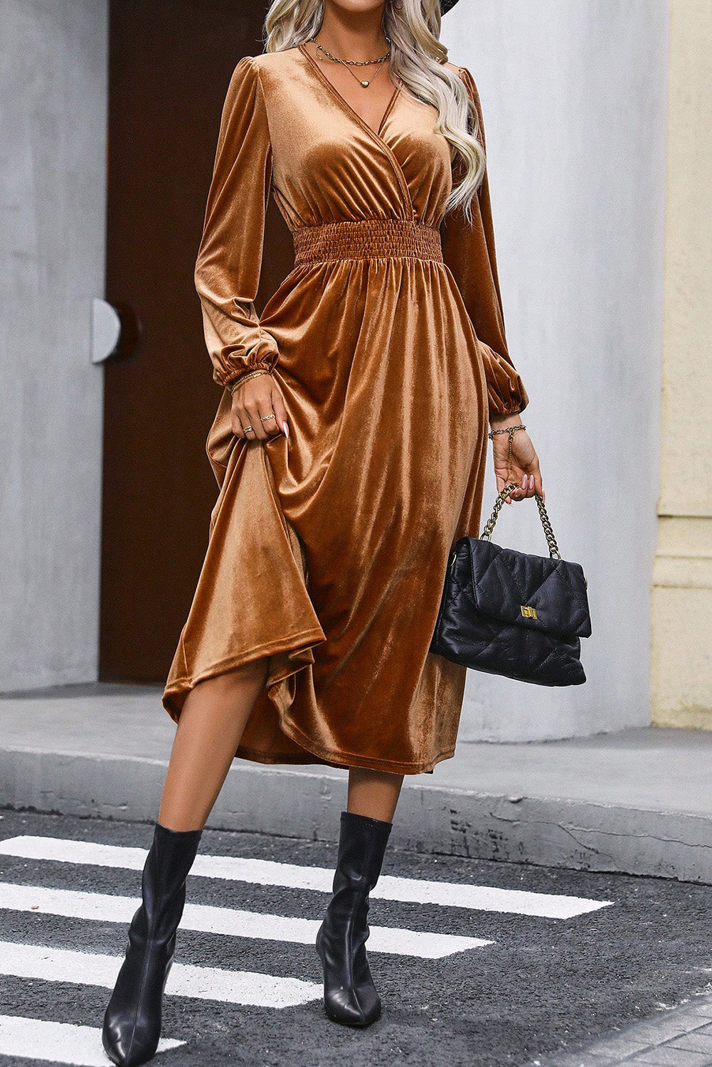 Surplice Balloon Sleeve Smocked Midi Dress - Fashion Finder Hub