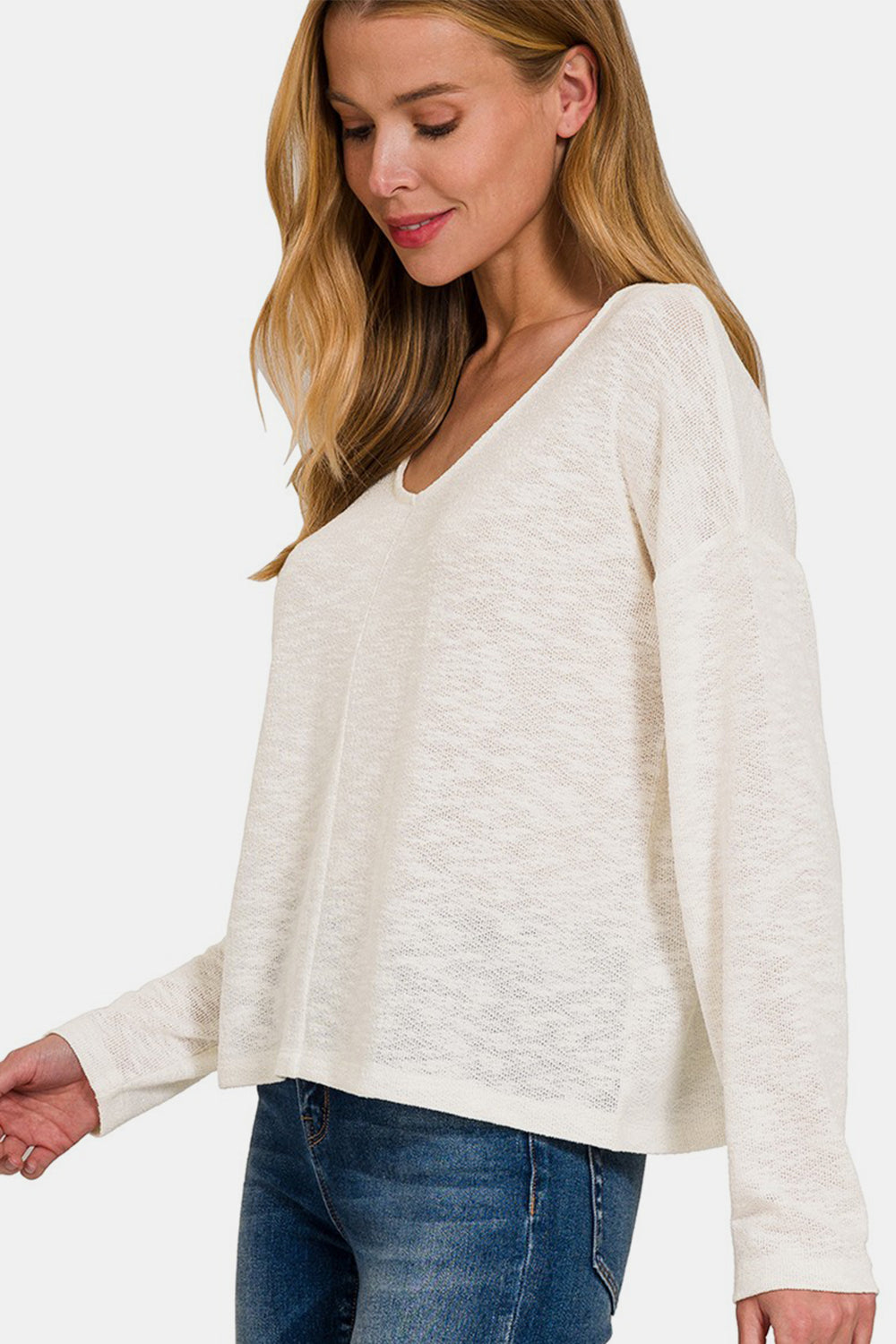 Zenana V-Neck Dropped Shoulder Long Sleeve T-Shirt - Fashion Finder Hub