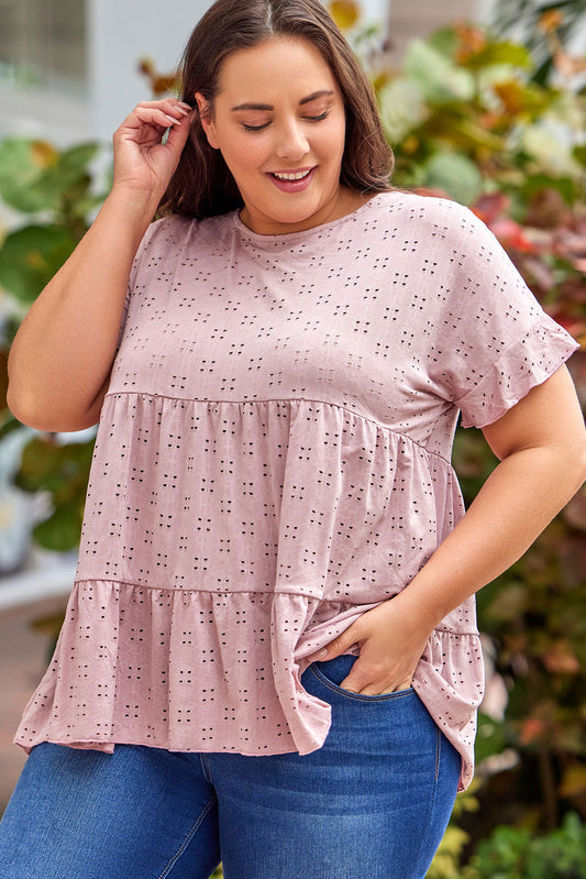 Plus Size Eyelet Round Neck Short Sleeve Blouse - Fashion Finder Hub
