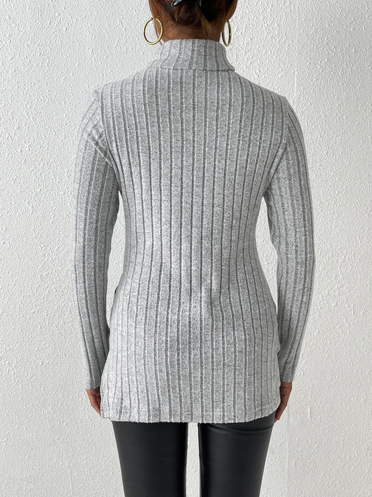 Ribbed Turtleneck Long Sleeve Slit T-Shirt - Fashion Finder Hub