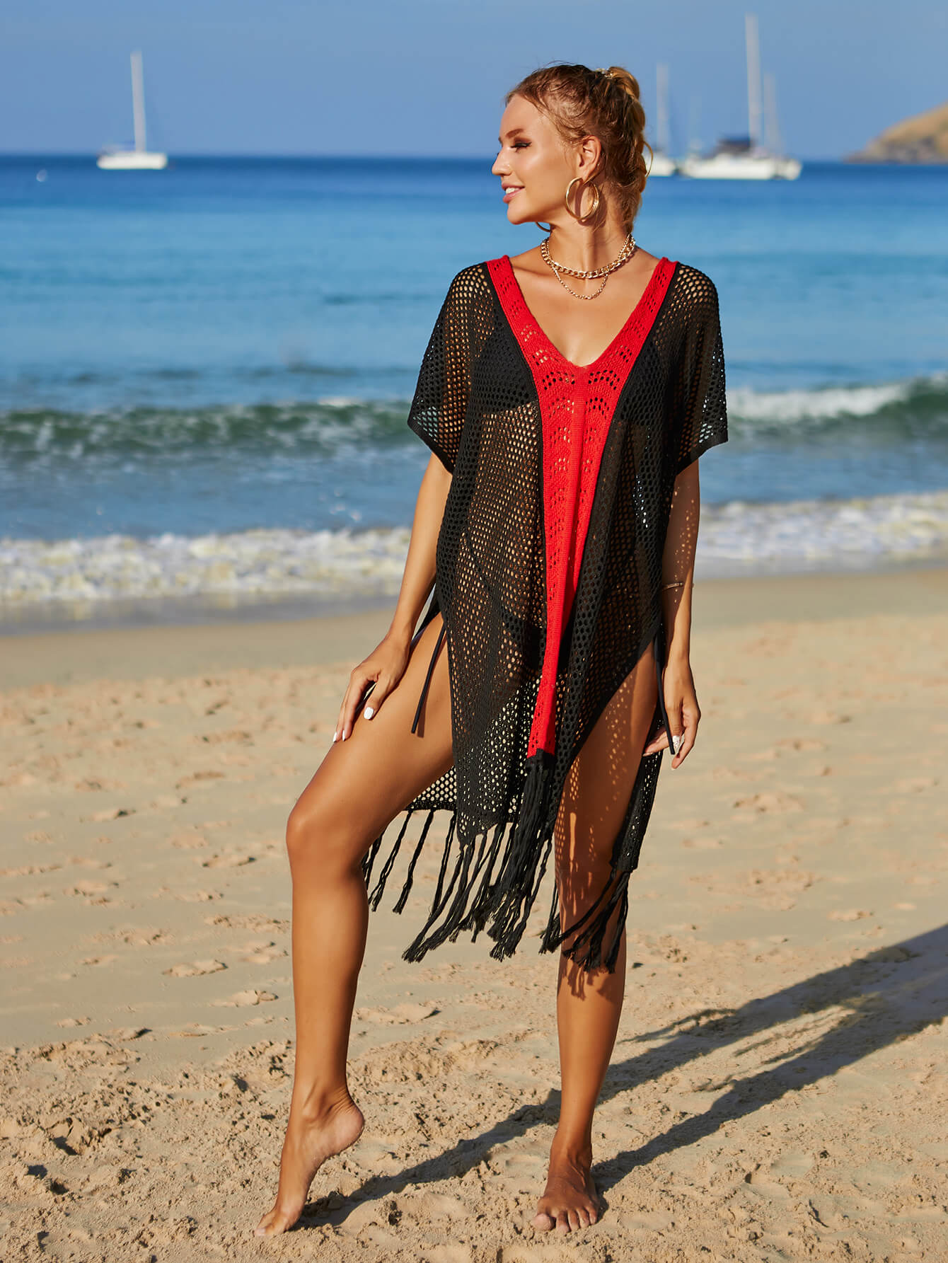 Contrast Fringe Trim Openwork Cover-Up Dress - Fashion Finder Hub