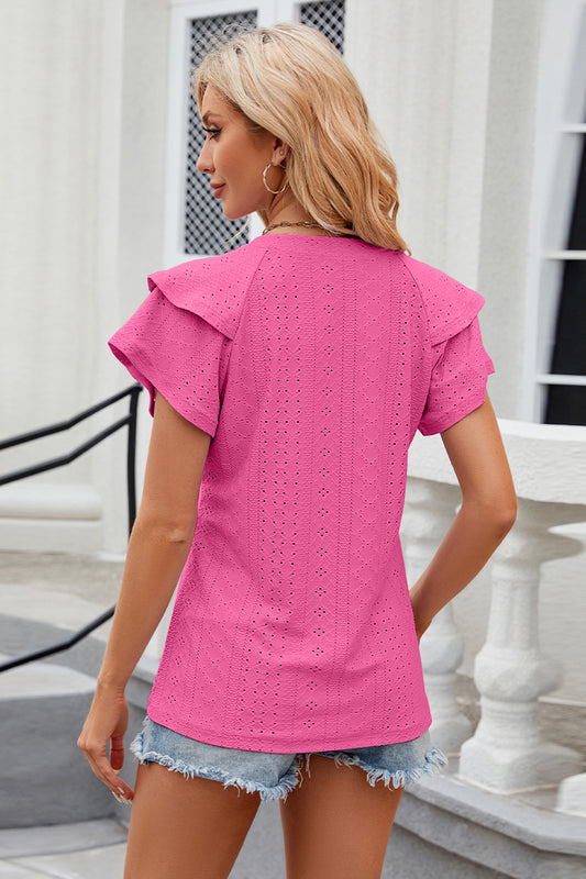 Eyelet Notched Short Sleeve T-Shirt - Fashion Finder Hub