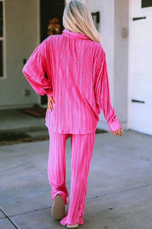 Pleated Button Up Shirt and Wide-Leg Pants Set - Fashion Finder Hub
