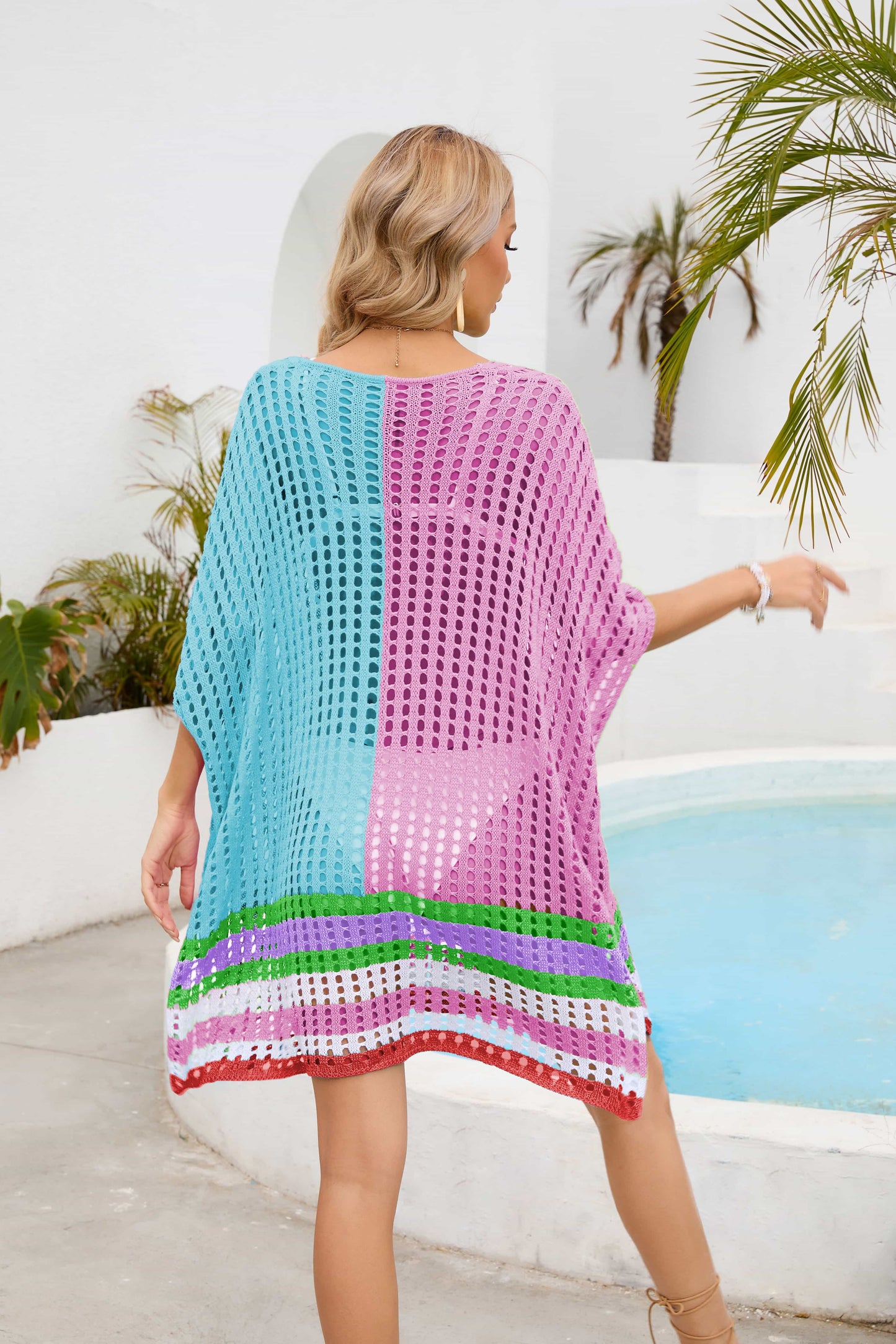 Contrast Scoop Neck Openwork Half Sleeve Cover Up - Fashion Finder Hub
