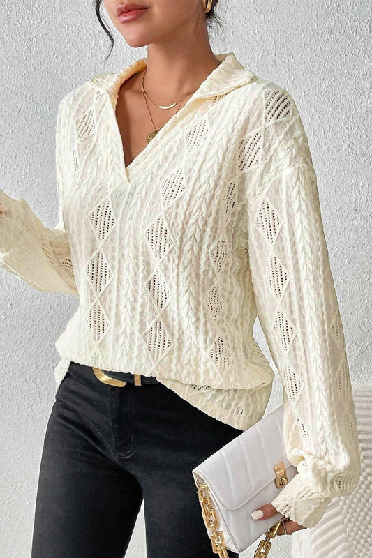 Eyelet Johnny Collar Dropped Shoulder Blouse - Fashion Finder Hub
