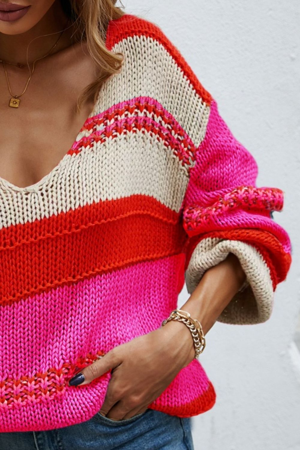 Color Block V-Neck Dropped Shoulder Sweater - Fashion Finder Hub