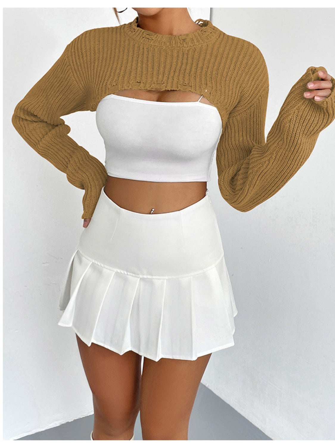Distressed Long Sleeve Cropped Sweater - Fashion Finder Hub