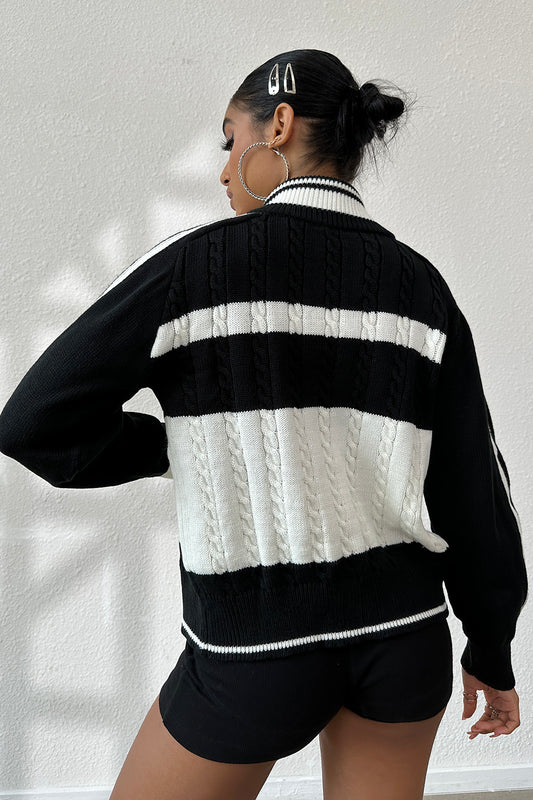 Cable-Knit Color Block Raglan Sleeve Cardigan - Fashion Finder Hub