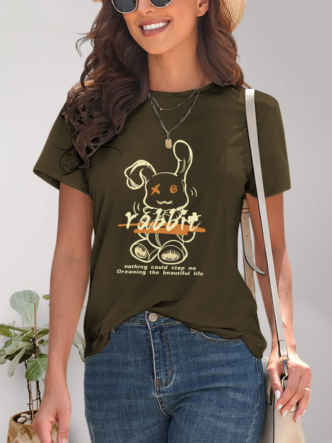 Rabbit Graphic Round Neck Short Sleeve T-Shirt - Fashion Finder Hub
