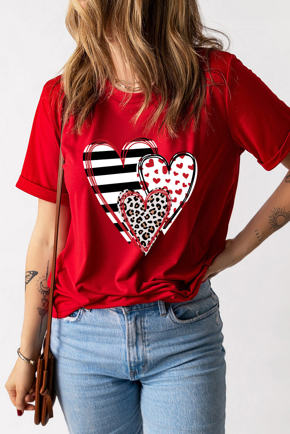 Heart Round Neck Short Sleeve T-Shirt - Fashion Finder Hub