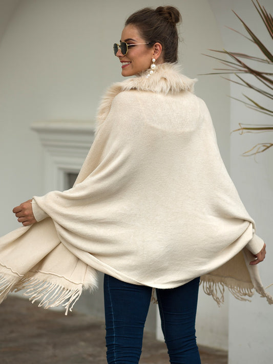 Fringe Open Front Long Sleeve Poncho - Fashion Finder Hub