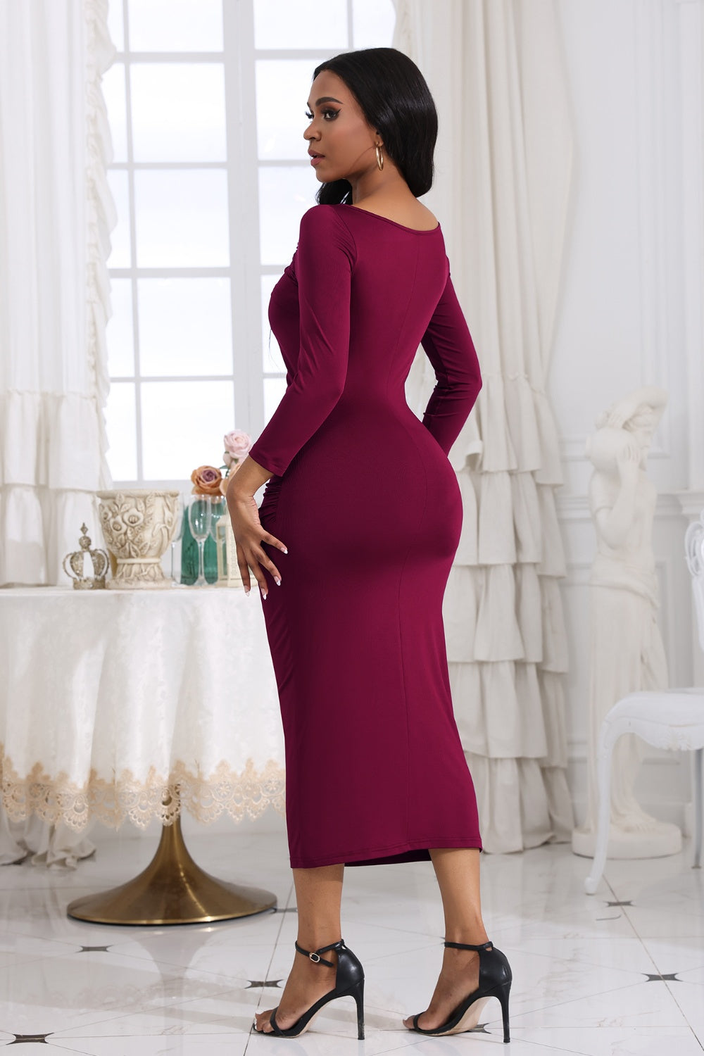 Ruched Boat Neck Midi Dress - Fashion Finder Hub