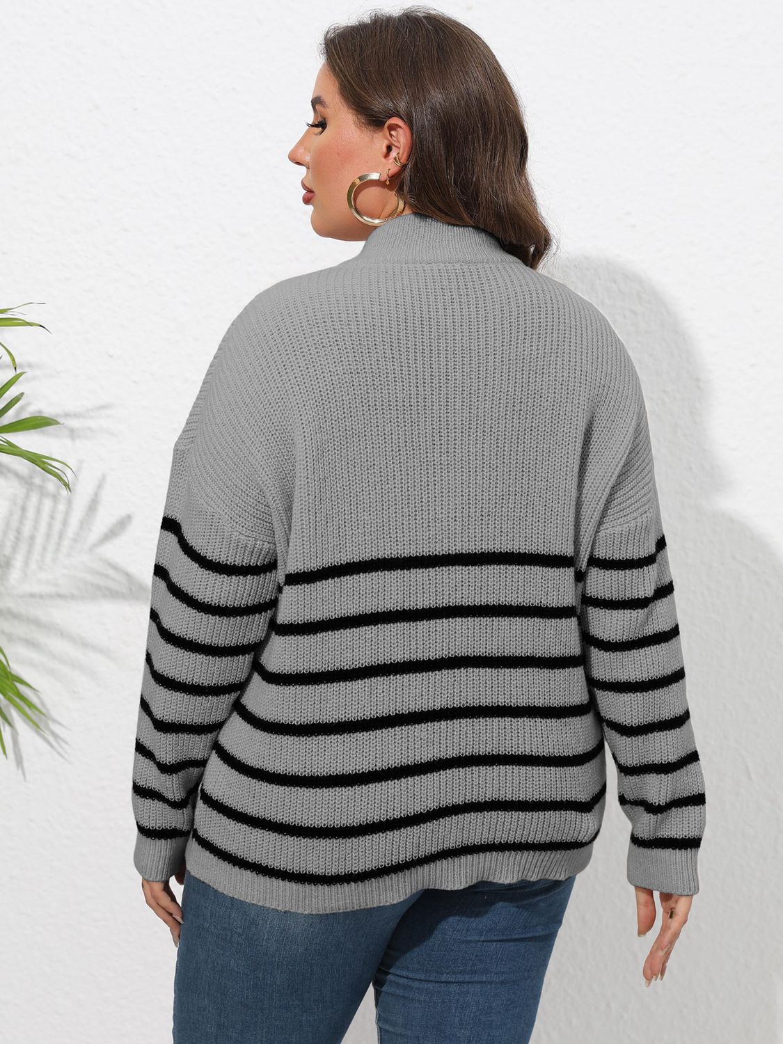 Plus Size Zip-Up Striped Sweater - Fashion Finder Hub