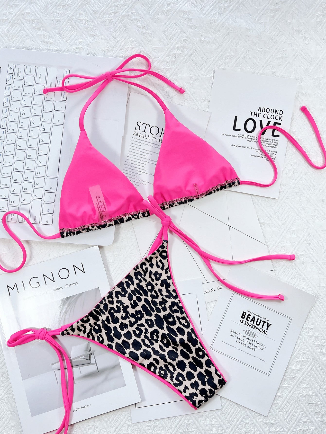 Leopard Print Halter Neck Tie Side Bikini Set - Fashion Finder Hub