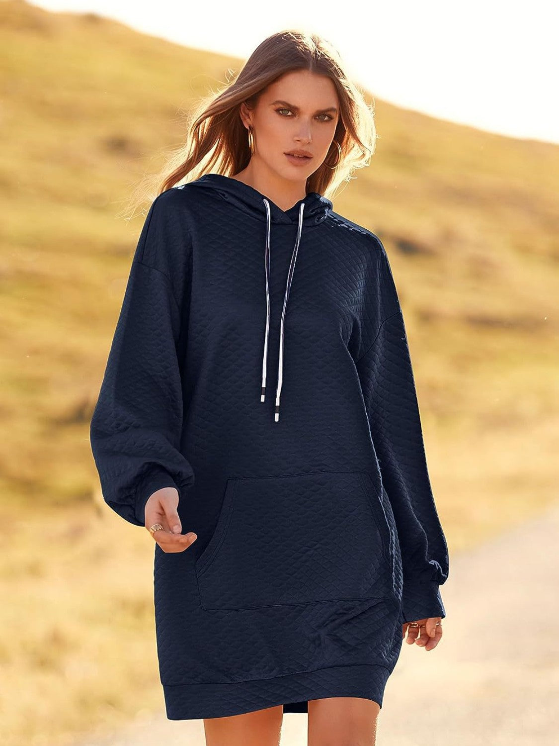 Textured Drawstring Tunic Hoodie - Fashion Finder Hub