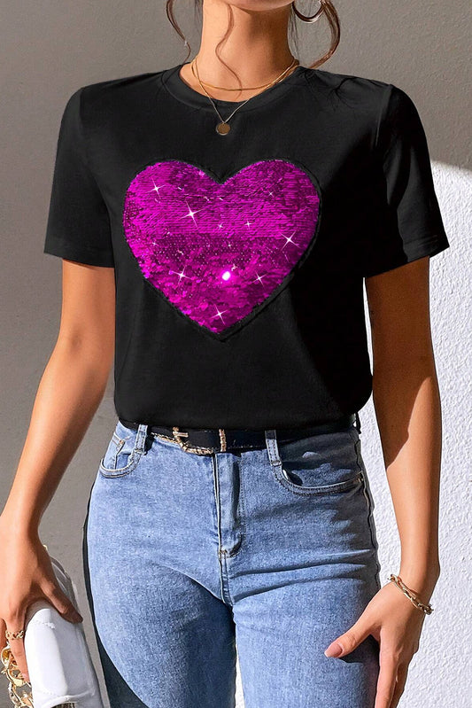 Heart Sequin Round Neck Short Sleeve T-Shirt - Fashion Finder Hub