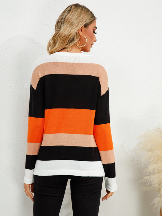 Striped Round Neck Dropped Shoulder Sweater - Fashion Finder Hub