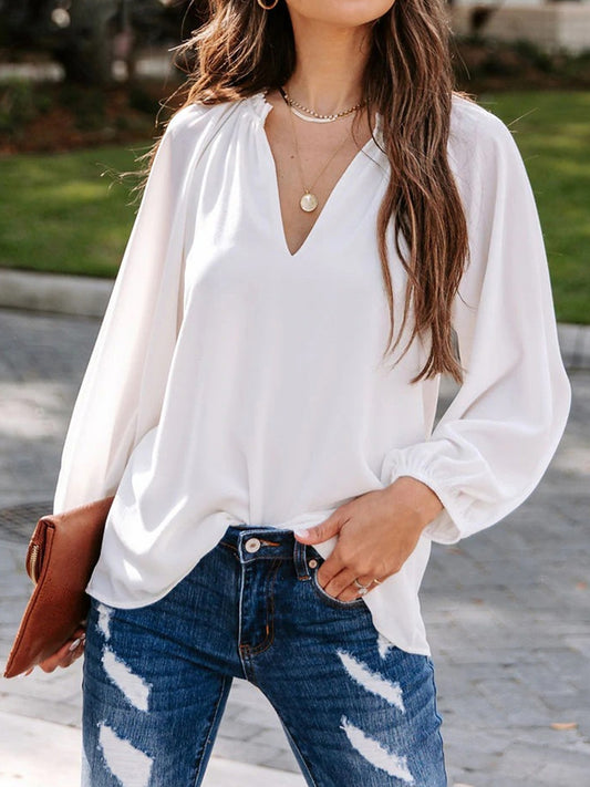 Ruched Notched Balloon Sleeve Blouse - Fashion Finder Hub