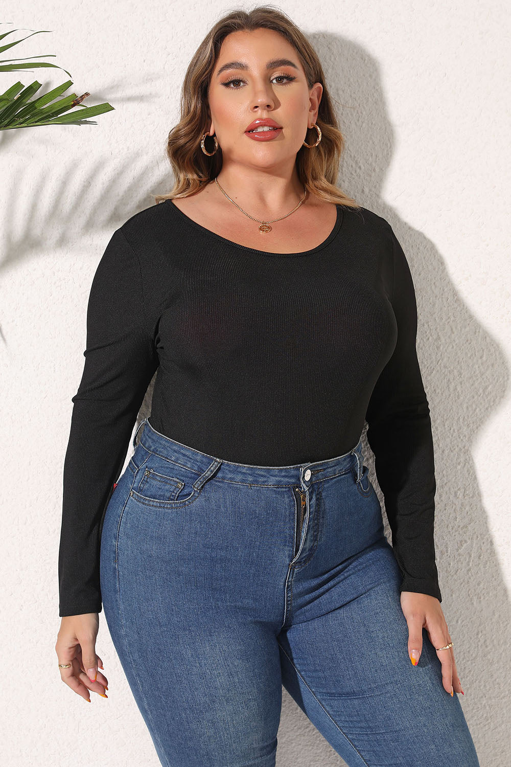 Plus Size Round Neck Long Sleeve Bodysuit - Fashion Finder Hub