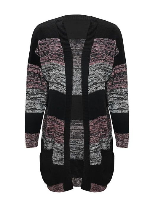 Striped Open Front Long Sleeve Cardigan with Pockets - Fashion Finder Hub