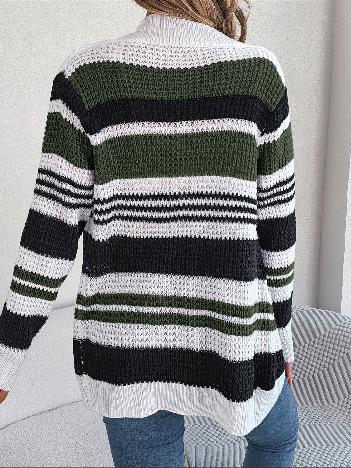 Striped Open Front Long Sleeve Cardigan - Fashion Finder Hub